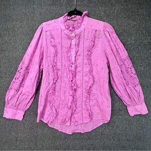 Sundance Blouse Womens Medium Pink Embroidered Swiss Dot High Neck Long Sleeve